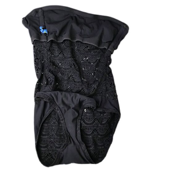 Jantzen Swim Bathing Suit Black Crochet Lace Bikini Strapless Hi Cut One Piece L - Picture 13 of 14